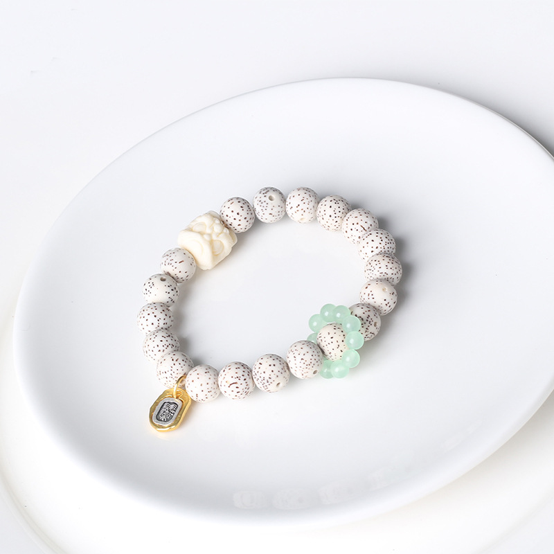 Retro star and moon Bodhi single-loop bracelet, national trend white jade Tara, lion dance running ring bracelet, Buddhist prayer beads, cultural and artistic jewelry pic 6