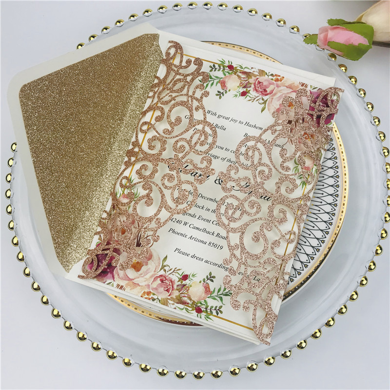 Customized wedding invitations, festival greeting cards and wedding invitations made of multi-color golden scallion powder, super flash material, hollowed-out card paper pic 10