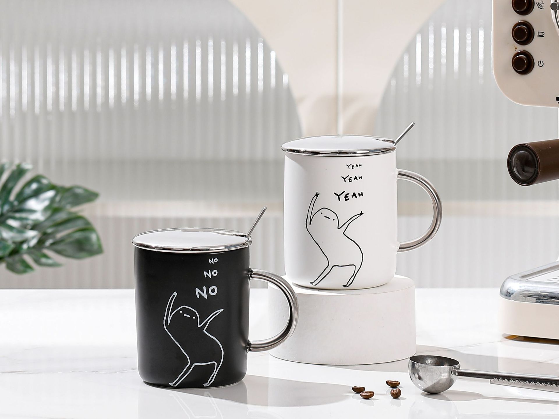 Black and white minimalist style stick figure high appearance level ceramic cup with lid spoon comic character student dormitory breakfast milk cup pic 1