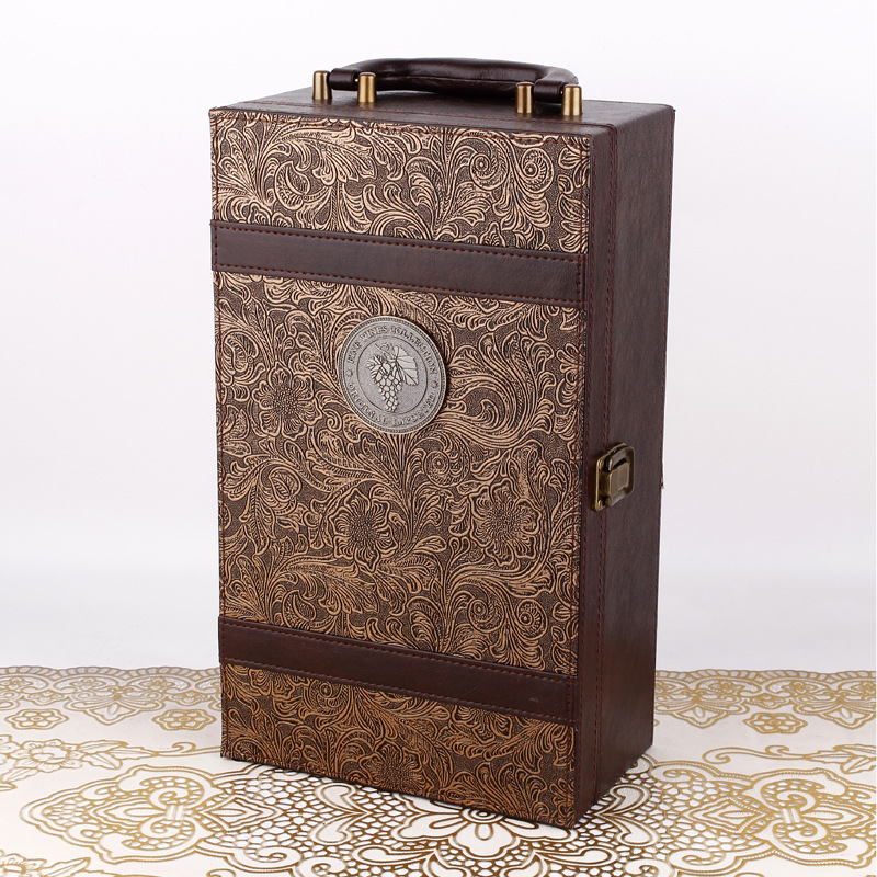 Double-bottle in-stock wine box, red wine leather box, wine box packaging, high-end single-bottle gift box, red wine box pic 1