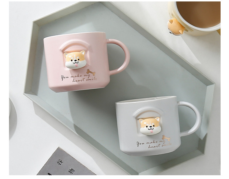 立体柴犬可爱卡通陶瓷杯秋田犬马克杯带盖勺学生办公家用水杯情侣详情8