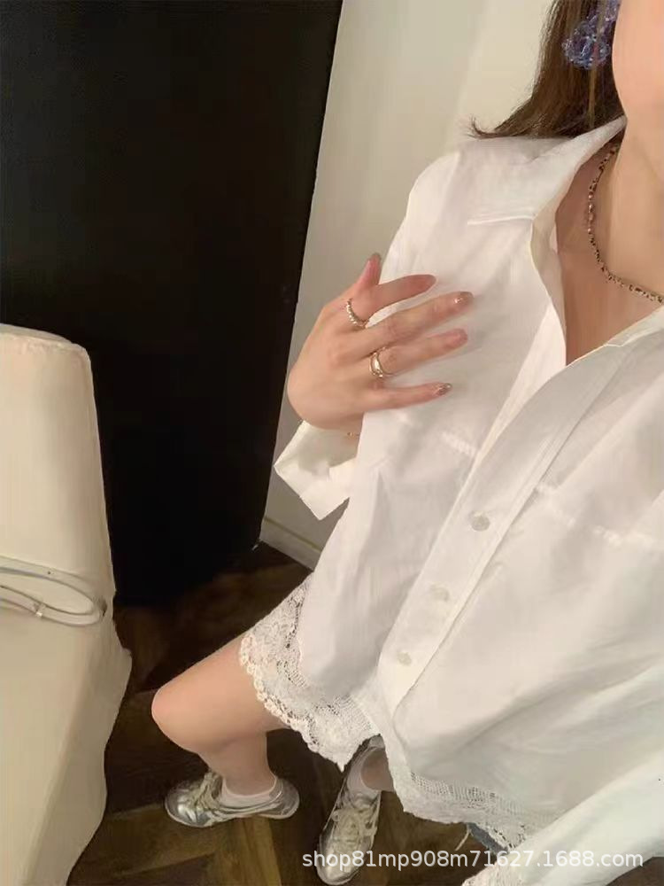 韩国东大门早春新款衬衫拼接蕾丝镂空休闲长袖时尚宽松设计感衬衣详情3