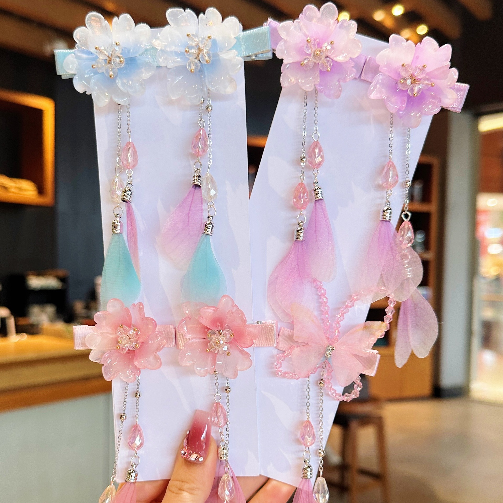 儿童发夹 国潮系列新款古风花朵蝴蝶珍珠流苏中国风琉璃对夹女孩汉服头饰详情18