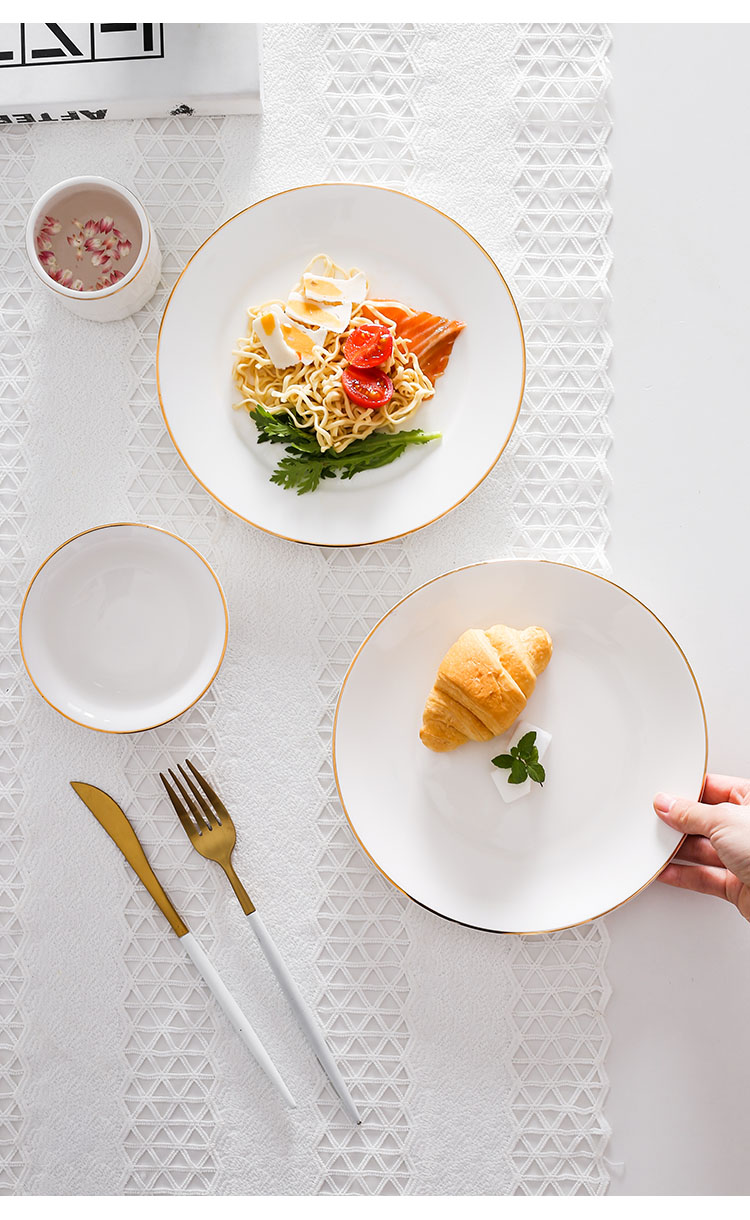 Nordic Golden Border Western dining plates, ceramic steak plates, home round and shallow plate tableware sets, creative plates, bowls and dishes, desserts pic 40