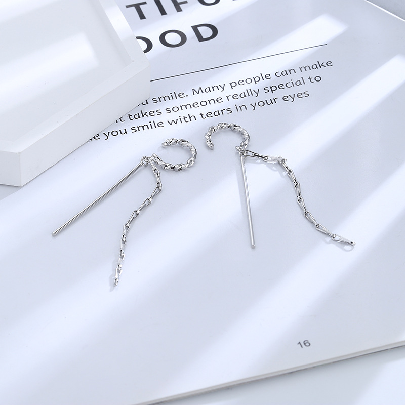 Long ear-clip-style earrings without ear piercings, simple and elegant for women, a niche European and American twisted long tassel ear-hanging bone clip pic 26