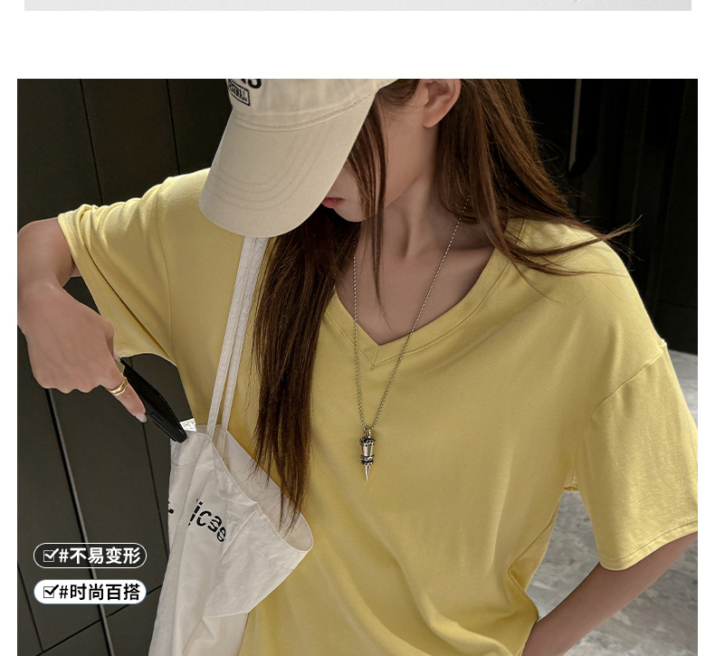 夏季韩系大版落肩袖V领短袖t恤女式基础款外穿高级感慵懒风上衣潮详情10