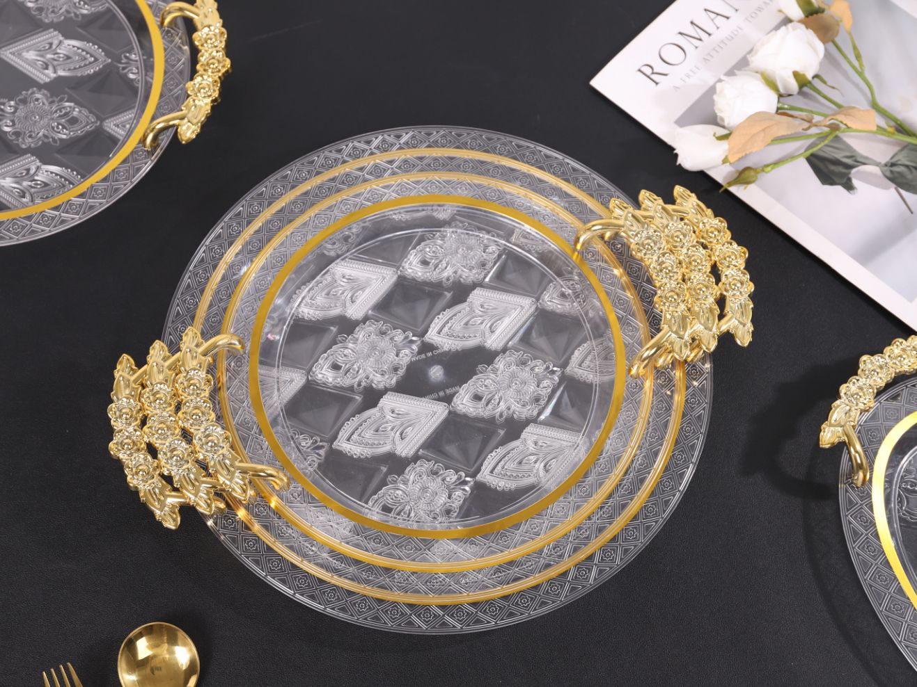 Amber transparent tray, round dining tea tray, coffee table, cups, tea cups and water cups, home living room dinner plate set pic 10