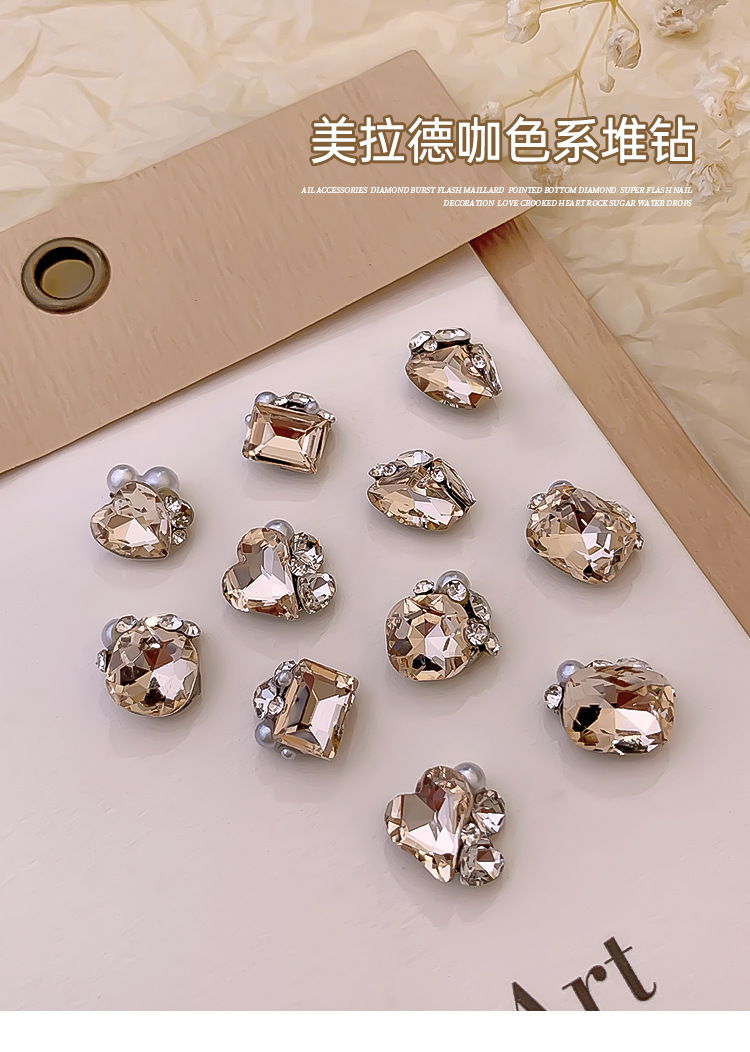 Champagne-colored pile diamond ball nail art accessory finished product, fat square, crooked heart, peach heart, axe pile diamond, super shiny nail decoration diamond pic 3