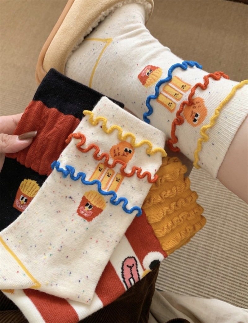 韩国东大门汉堡薯条中筒袜子女搞怪可爱条纹卡通涂鸦袜纯棉堆堆袜详情1