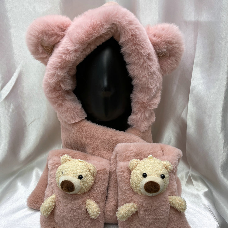 A three-piece warm set featuring a solid color, versatile, cute little bear M ears, hooded gloves and a scarf for women in autumn and winter pic 4