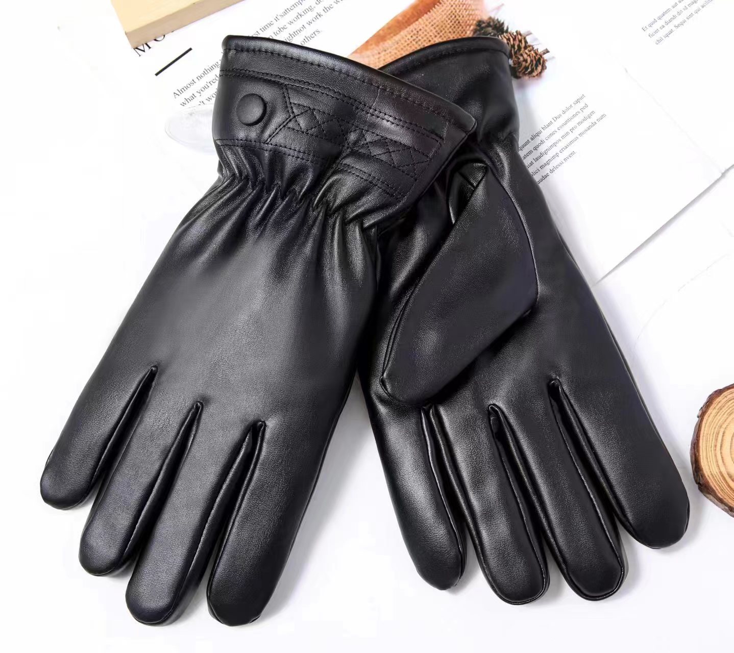 Wholesale of black leather gloves for cross-border men and women, windproof and warm gloves for motorcycle riding, and high-quality touch screen PU gloves pic 6