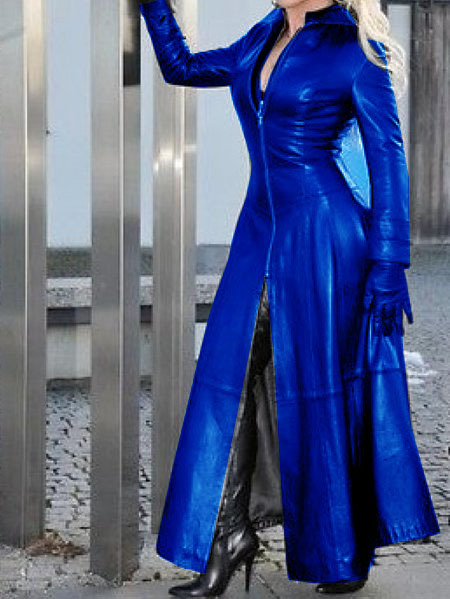 shopify Cross-border wish bestseller, Amazon AliExpress super-long pu stand-up collar leather jacket in stock, best-selling order pic 9