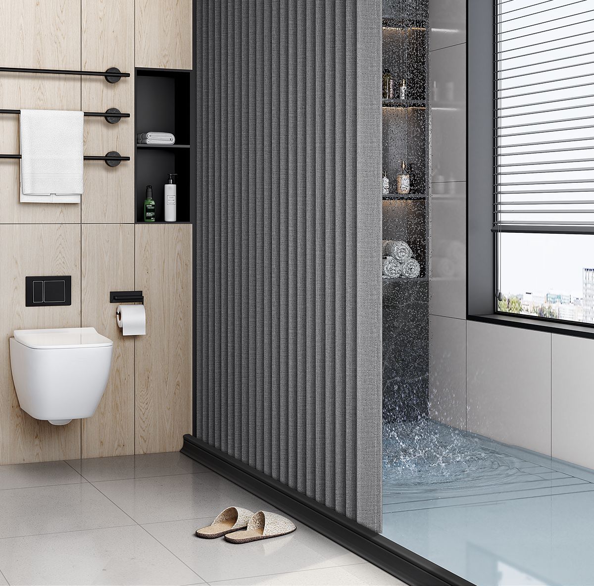 Bathroom folding shower curtain set, no need for drilling, invisible waterproof and anti-mold fabric curtain, bathroom partition, shower dry and wet separation pic 43