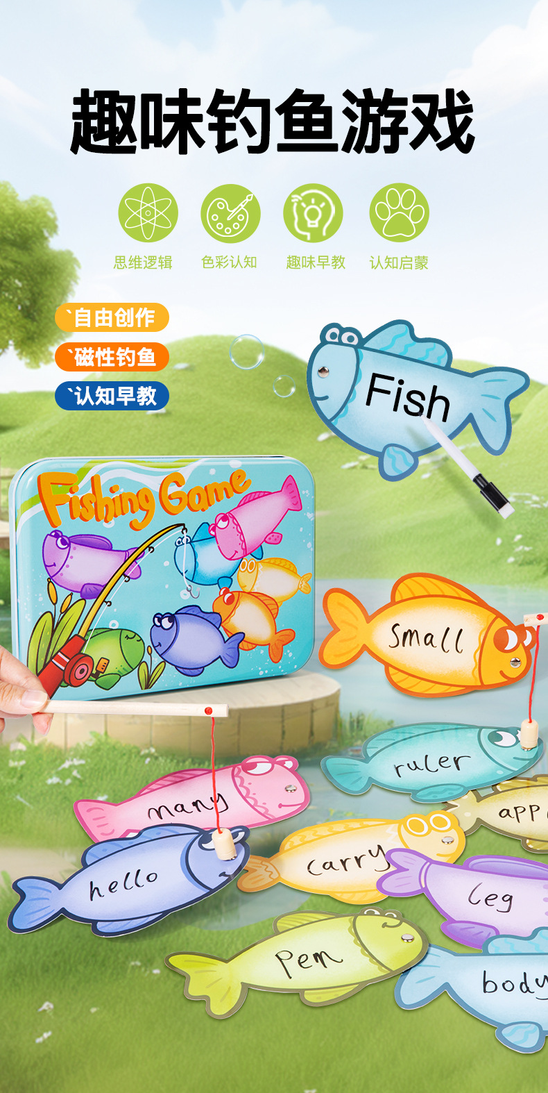 跨境新品儿童早教纸质磁性钓鱼玩具英语启蒙亲子互动益智游戏教具详情1