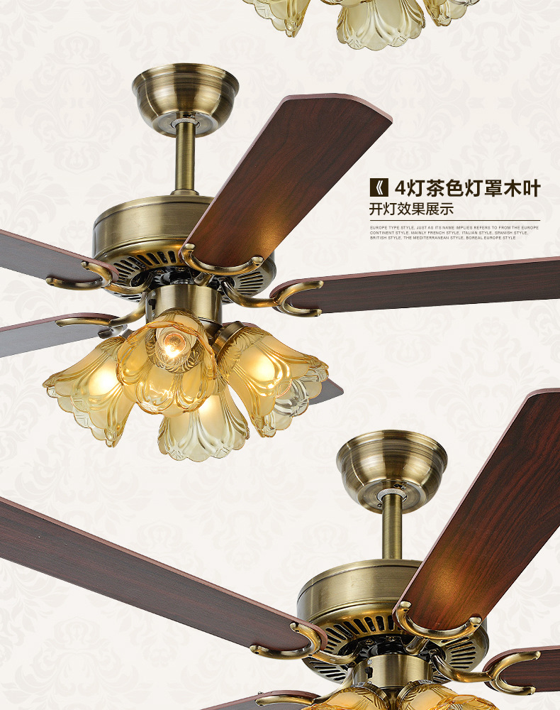 Industrial ceiling fan lights, European-style wood leaf bedroom electric fan lights, retro living room chandeliers, iron leaf dining room fan lights pic 15