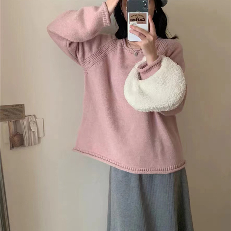 Korean-style puffed solid color pullover sweater for women, gentle and loose knitted top, versatile, laid-back style, fashionable and soft sweater pic 3