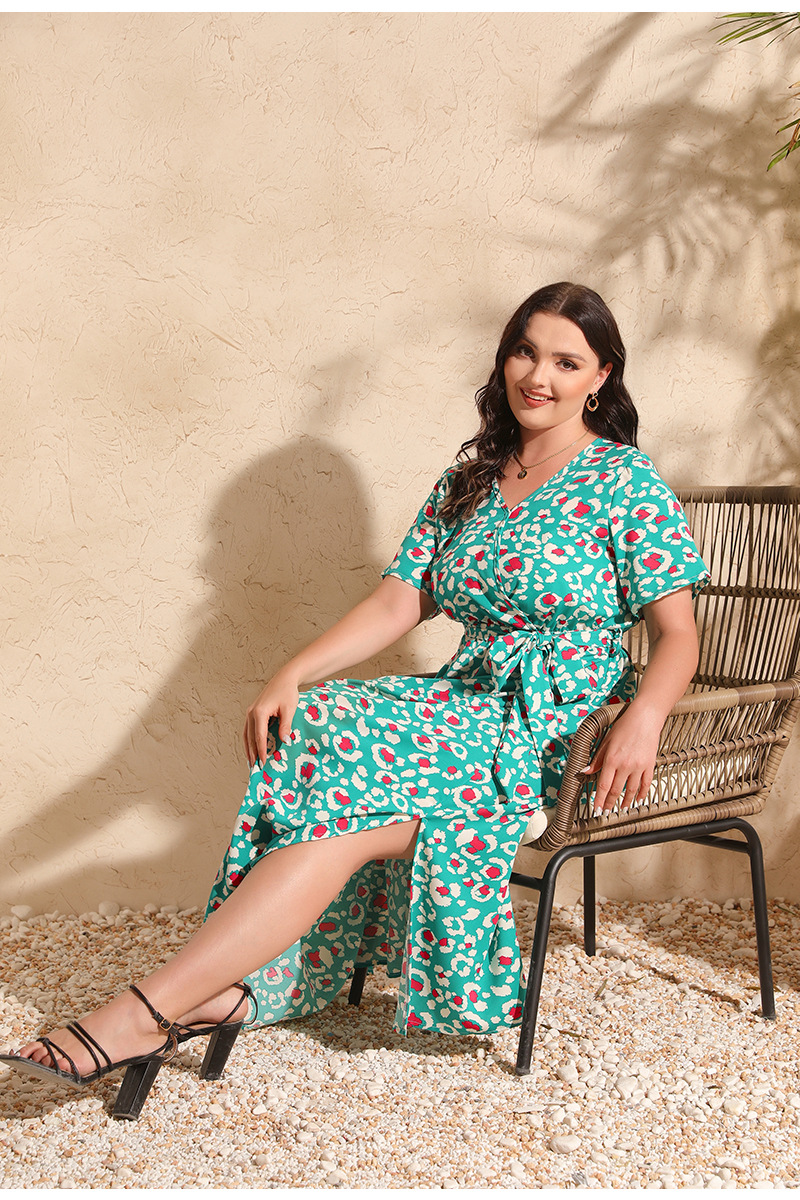 2024 Cross-border new French-style elegant plus-size dress with a V-neck, short sleeve and cinched waist, featuring a simple floral design pic 28