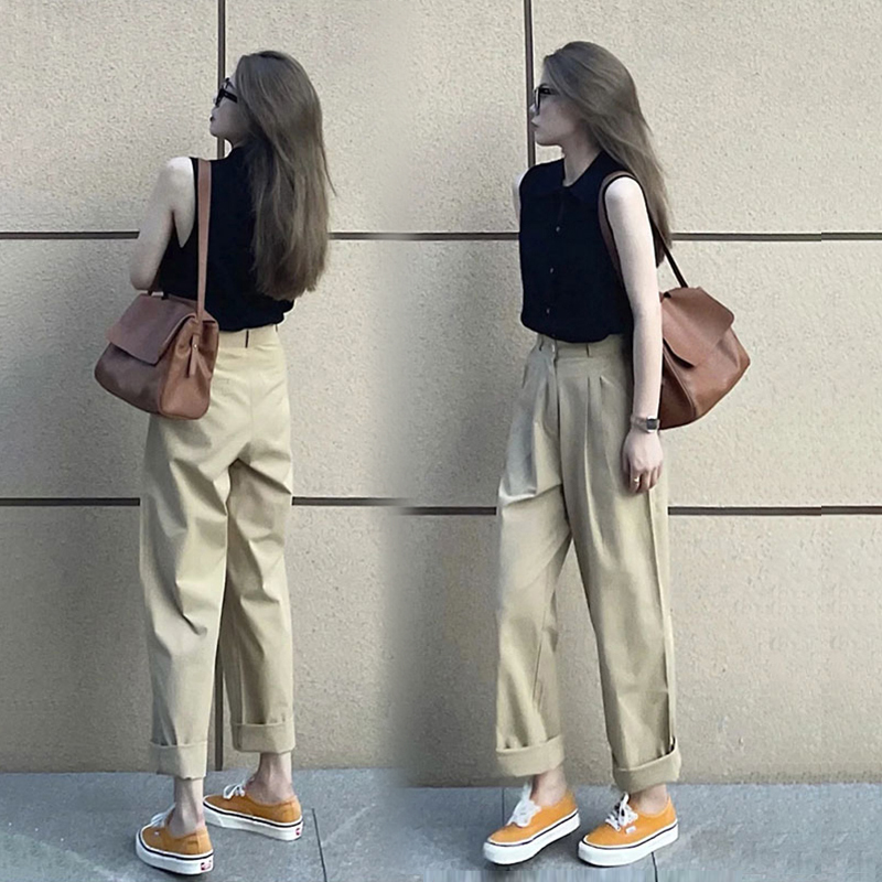 High-waisted straight-leg khaki suit pants for women, summer thin pants, wide-leg sport sweatpants, casual Harun long pants pic 3