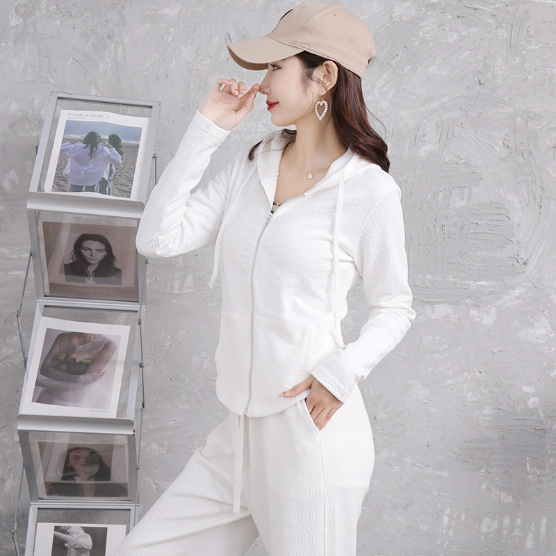 Early spring pure cotton fashionable casual set for women, loose, sporty and slimming straight-leg high-waisted wide-leg pants, zipper hooded jacket pic 28