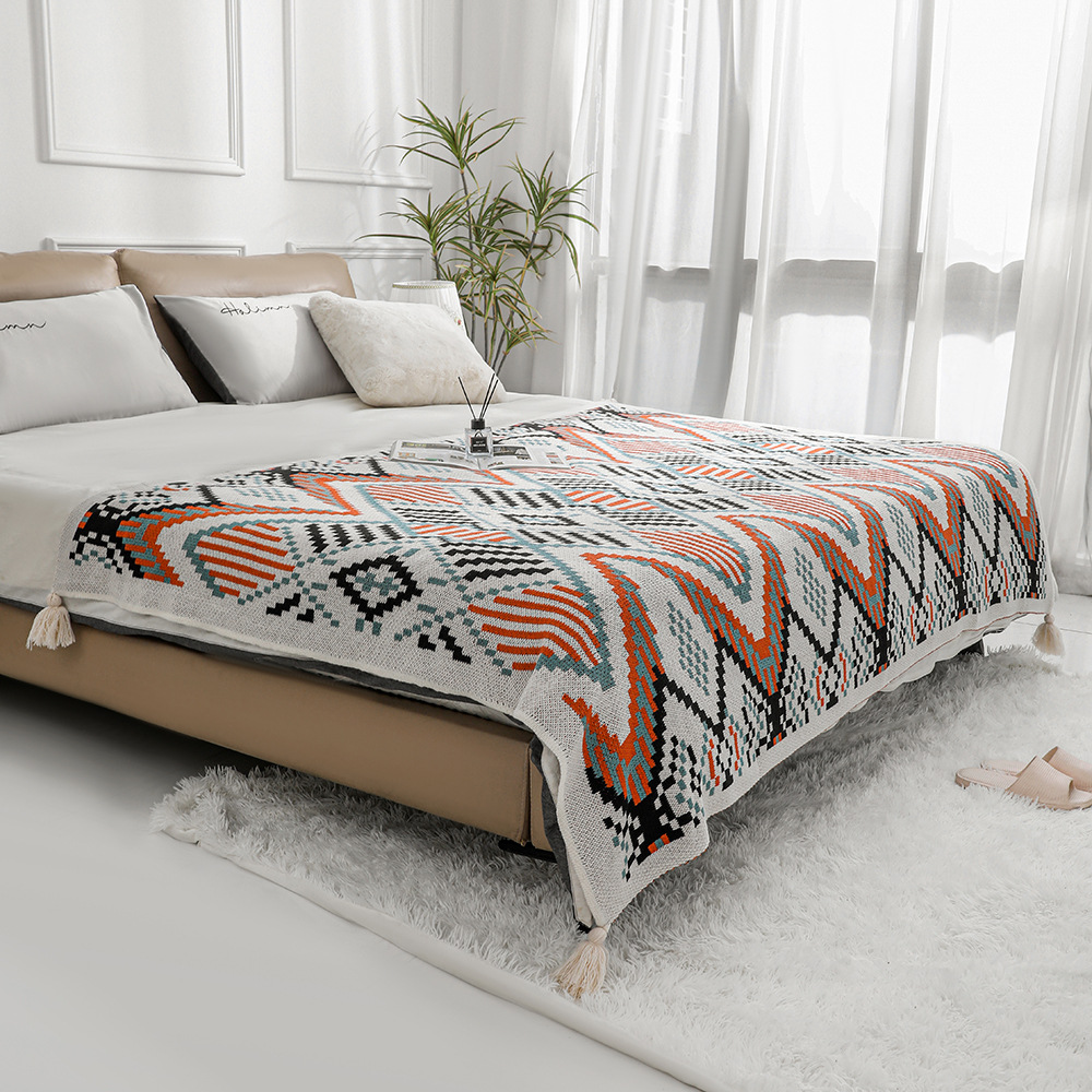 Ins-style soft solid-color acrylic warp knitted jacquard checkered blanket sample room homestay decoration camping blanket pic 5