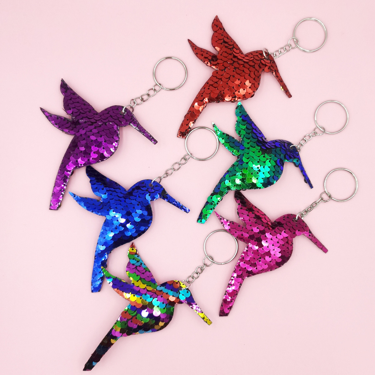 Cross-border set: 6 reflective double-sided flip cover sequin Hummingbird keychains, Hummingbird sequin small pendants, car ornaments pic 3