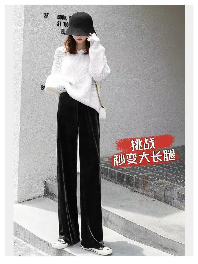 Otoño invierno 2022 pantalón de pierna ancha mujer casual holgada cintura alta con sensación de caída pantalón mop con fleece y espesor negro apricot pantalones rectos mujer pic 7
