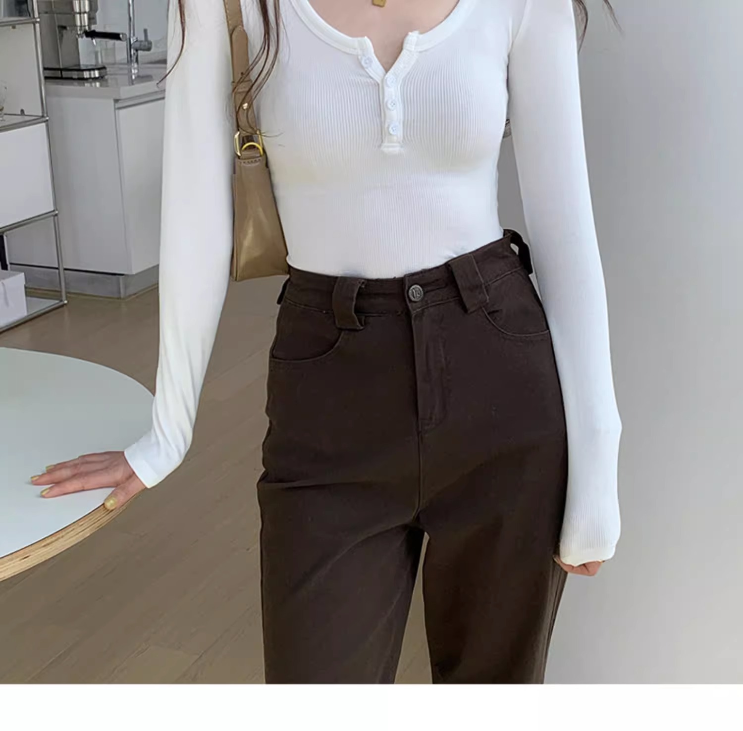 白色长袖t恤女2023秋装新款女装内搭上衣正肩体恤螺纹V领打底衫详情6