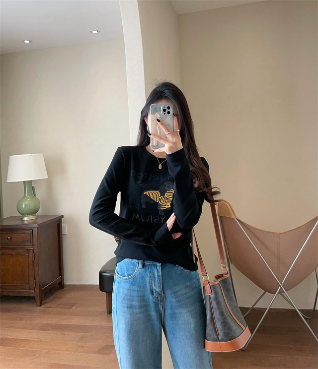 Playful and youthful embroidered printed puppy loose straight top straight-shoulder round-neck long-sleeved T-shirt for women 2025 early Spring G021418 pic 32