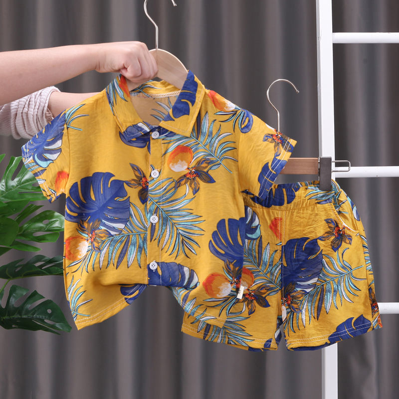 Boys' short-sleeved floral shirt, children's summer beach shirt and shorts two-piece set, 2024 new trendy infant and toddler clothing pic 20