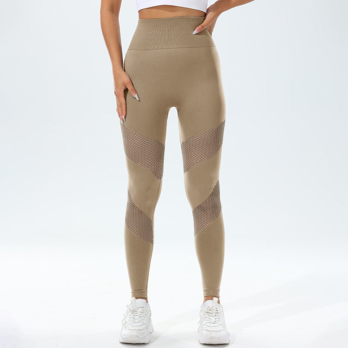 欧美跨境镂空瑜伽裤网孔透气无缝弹力高腰性感提臀运动健身裤女详情28