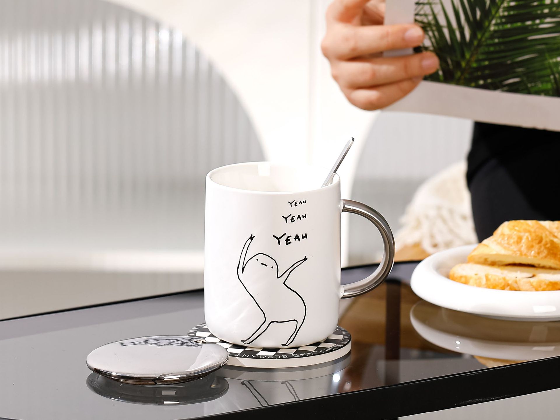 Black and white minimalist style stick figure high appearance level ceramic cup with lid spoon comic character student dormitory breakfast milk cup pic 8