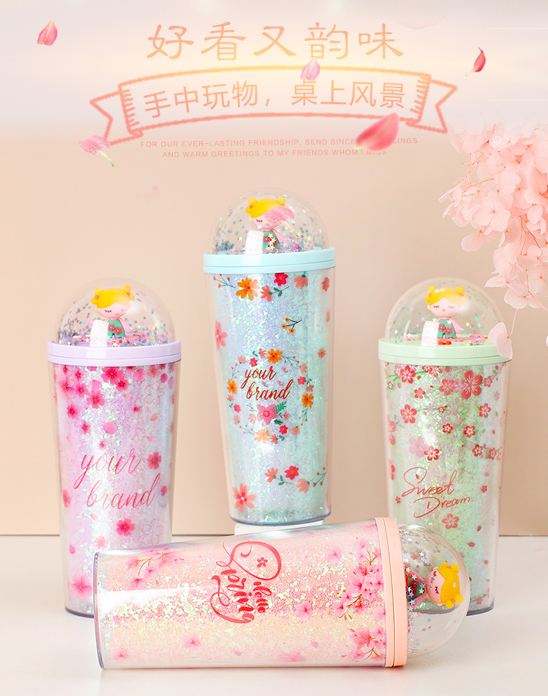 Portable water cup, internet-famous sequined double-layer summer drinking plastic ice cup, cute girl, cartoon cute double-layer for going out pic 2