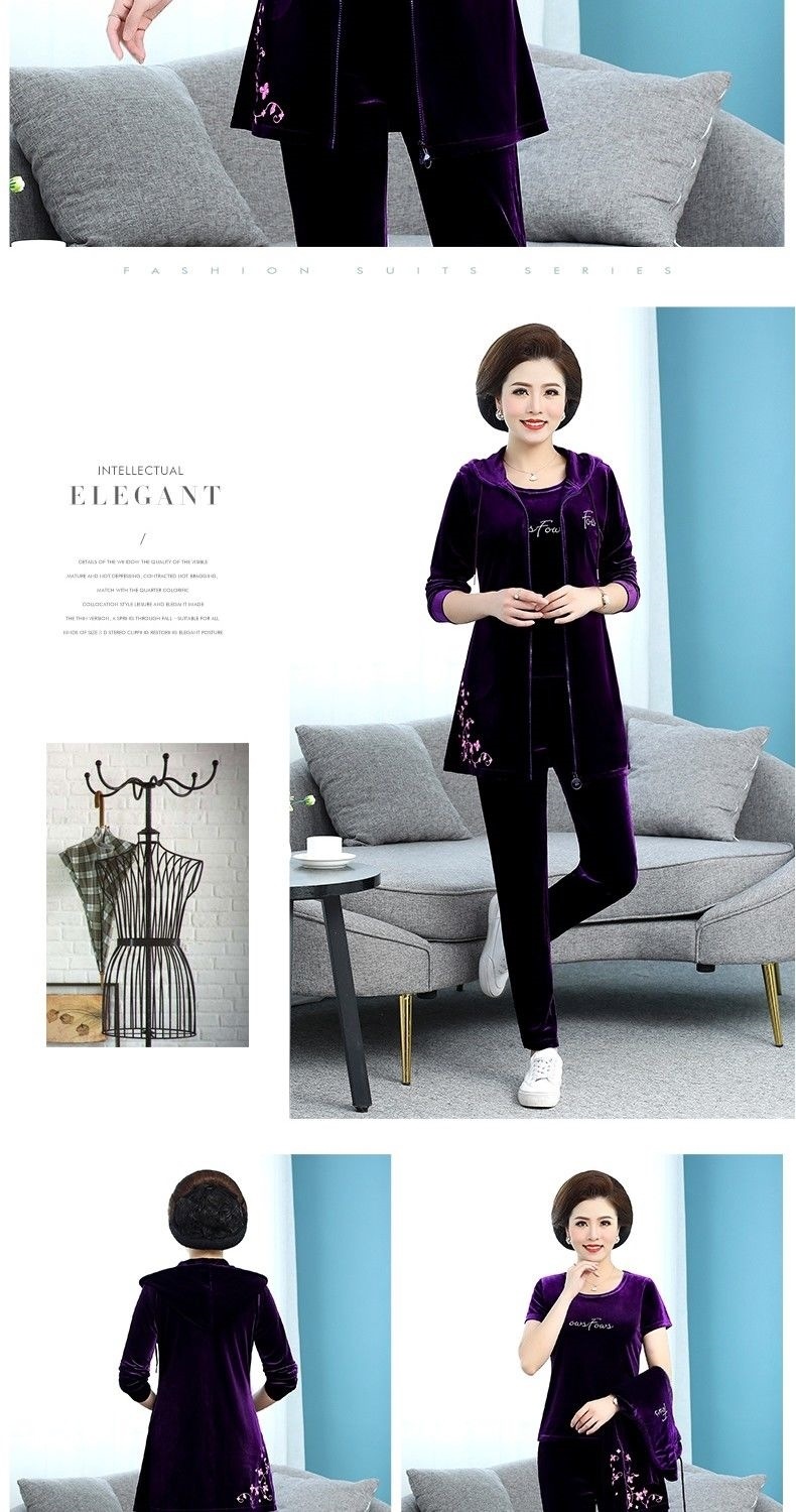 Middle-aged casual set for women in autumn, stylish, long velvet coat for middle-aged and elderly people, and a three-piece set for moms pic 9