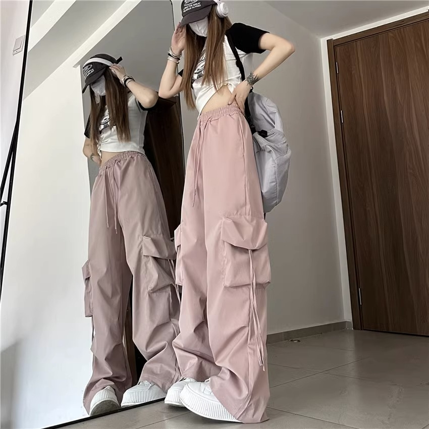 美式复古小众工装裤女立体口袋高腰直筒阔腿飘带宽松休闲拖地长裤详情10