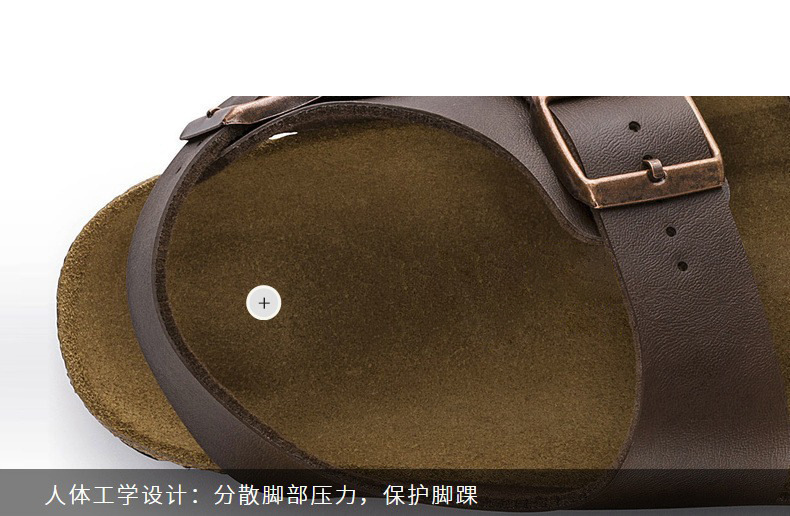 BK全牛皮勃肯鞋真皮软木凉鞋复古男女款厚底双排扣棕色大码博肯鞋详情11