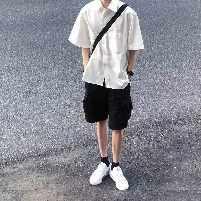 2023新款夏季痞帅宽松纯白色高级感衬衫男士短袖休闲衬衣一件代发详情6