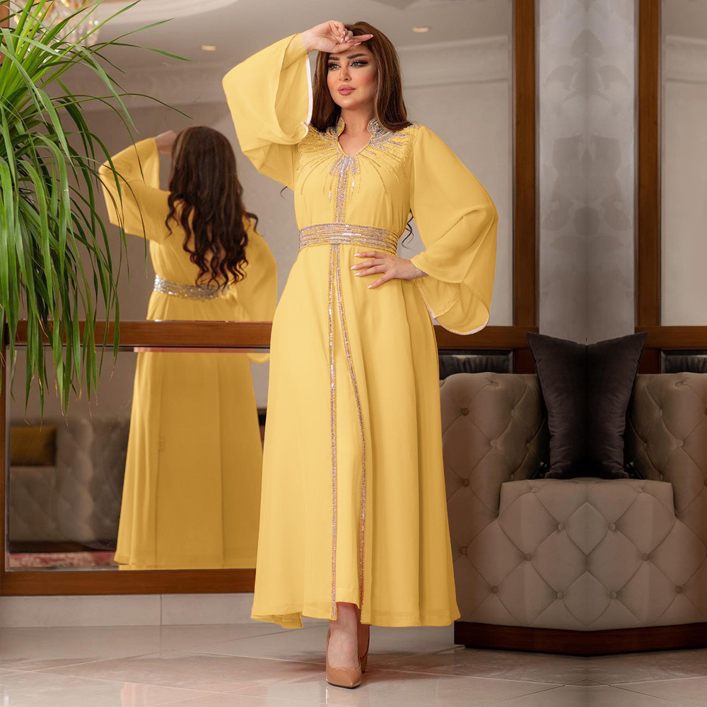XQY500090 Foreign trade Arab robe, Middle East kaftan fashion Hot diamond belted chiffon dress pic 9