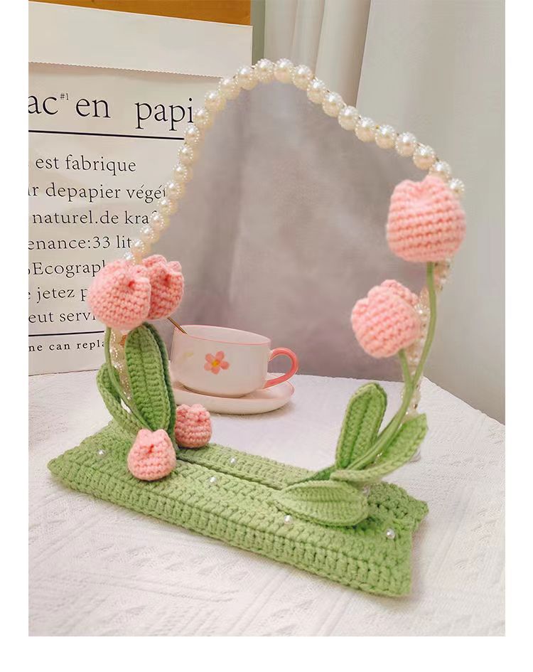 DIY手工编织郁金香铃兰小花束化妆镜子桌面摆件毛线钩织闺蜜礼物详情8