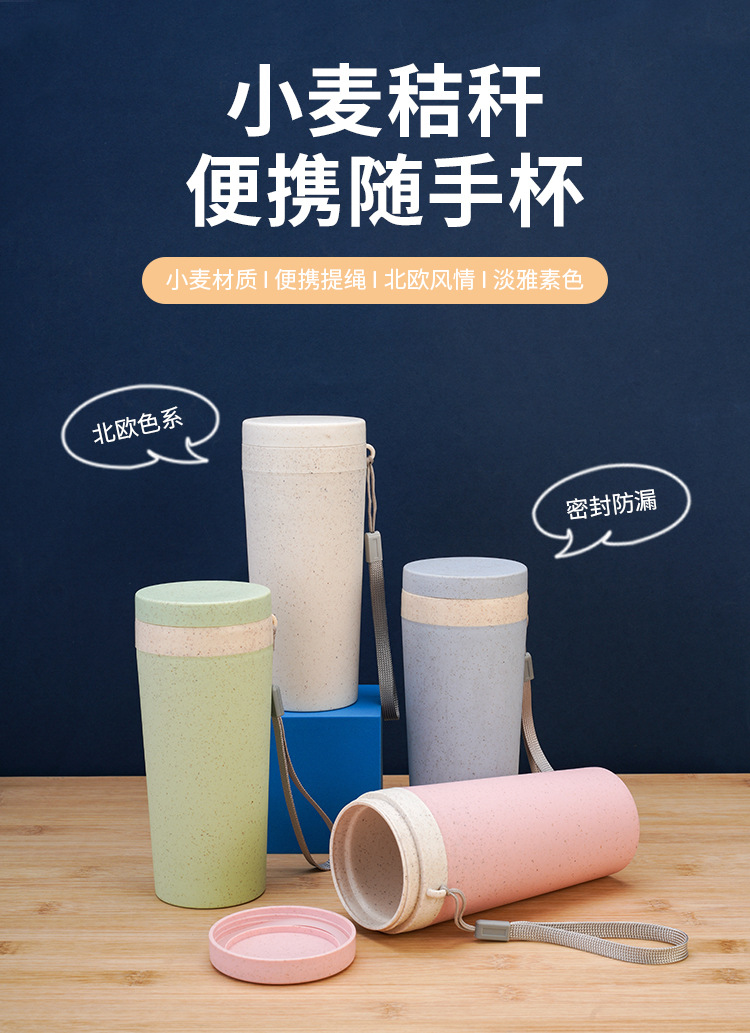 国潮小麦秸秆杯双层保温杯密封水杯随手高颜值塑料杯便携挂绳水杯批发详情1