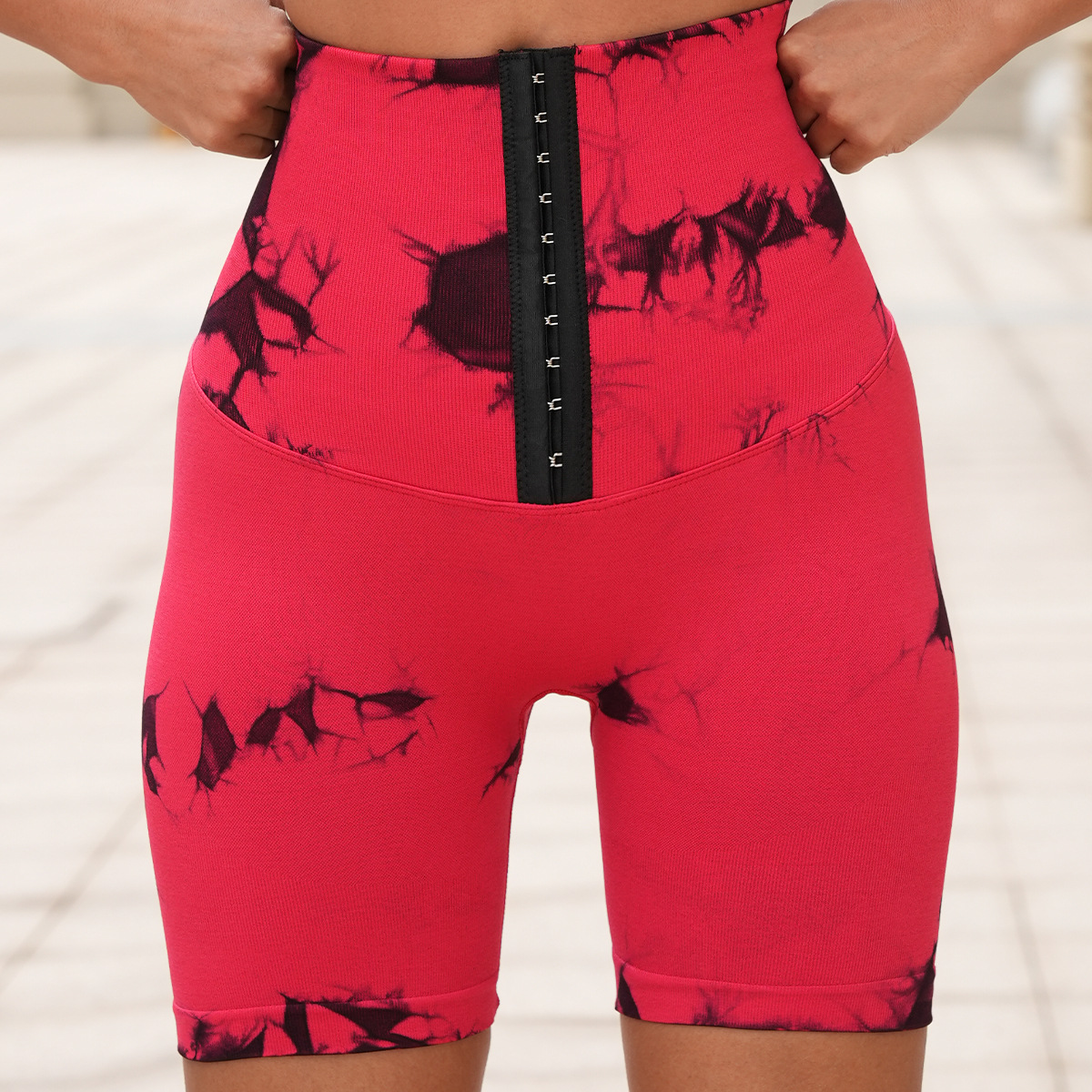 跨境排扣扎染无缝瑜伽短裤双提臀裤蜜桃臀运动三分裤女yoga short详情24