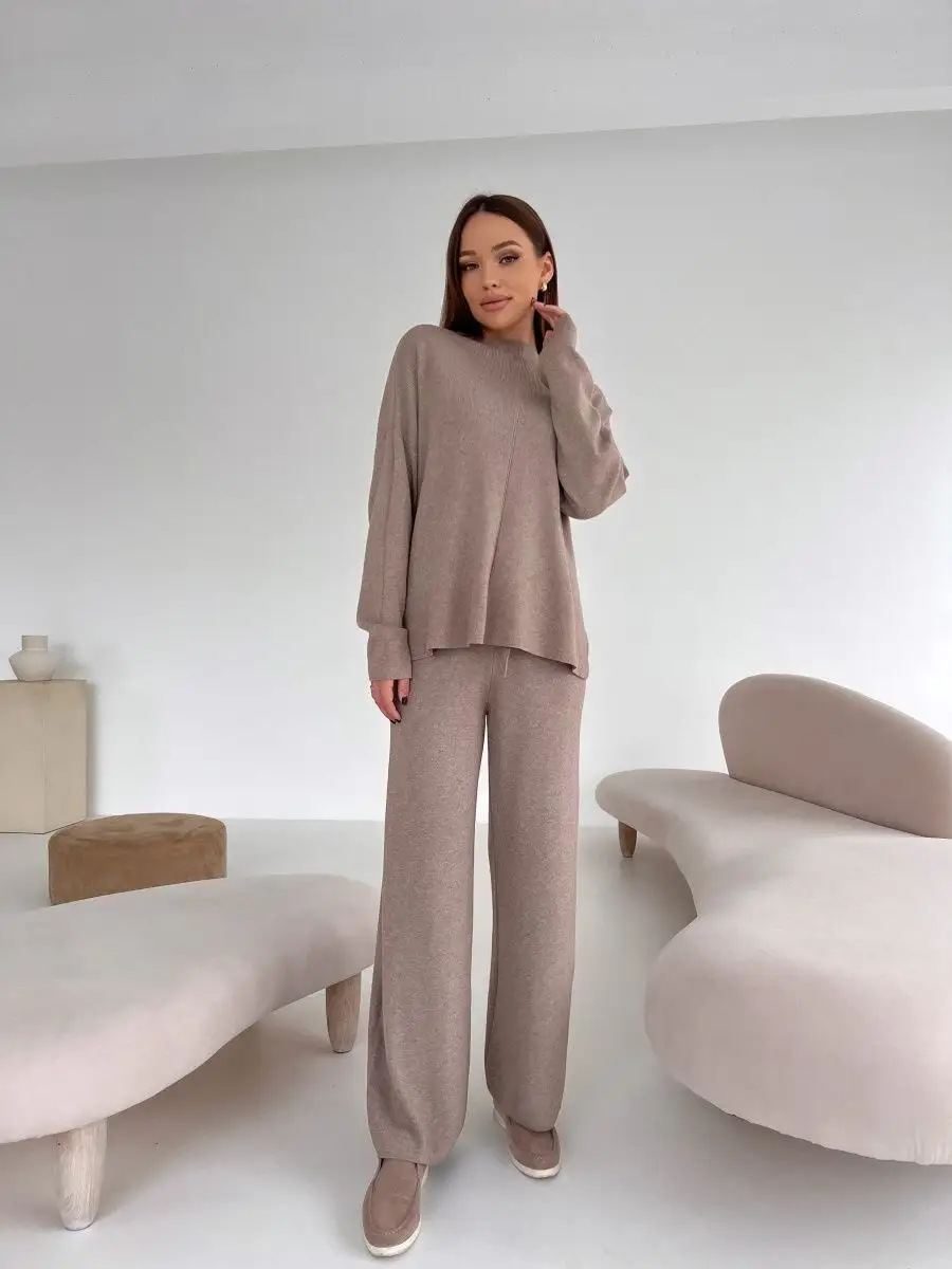 秋冬俄罗斯长袖宽松休闲长裤毛衣套装女跨境欧美热卖开叉套装详情23