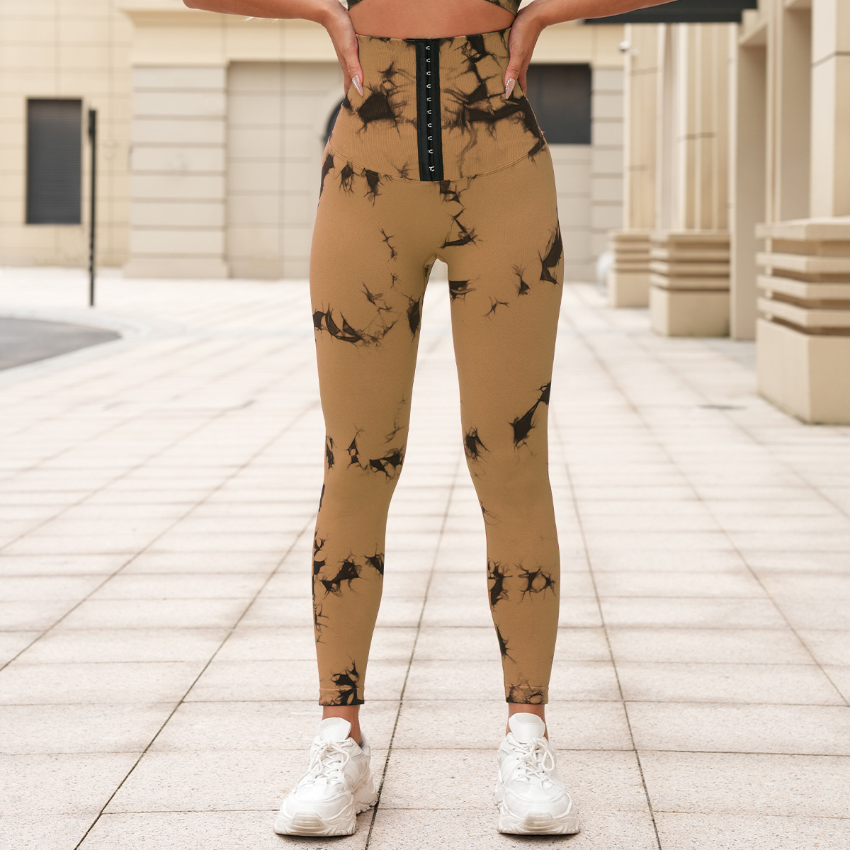 新品无缝扎染瑜伽裤高腰收腹排扣紧身裤提臀健身裤跑步塑身运动裤详情24