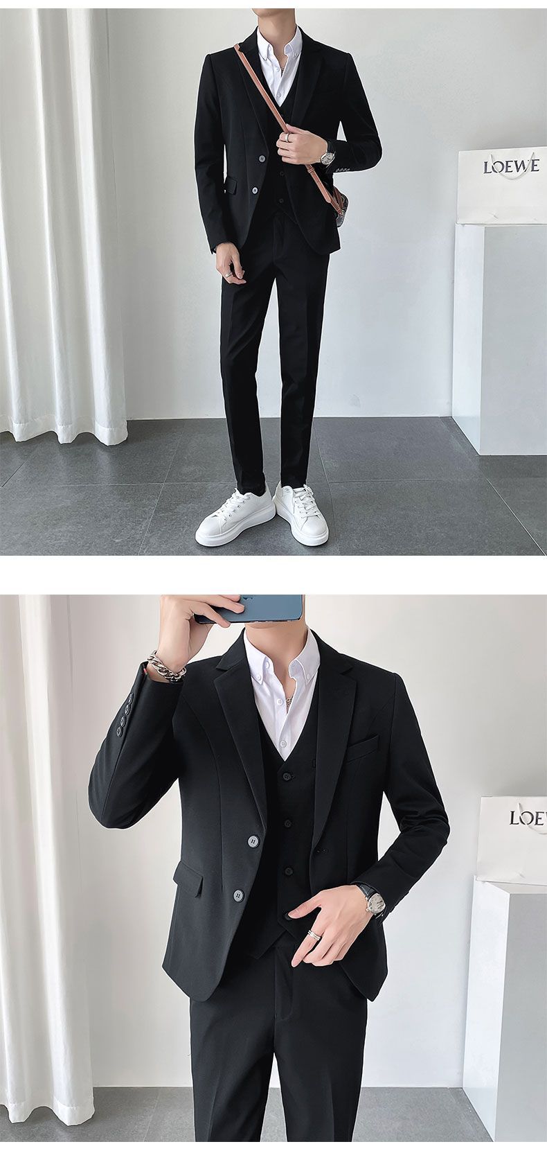 秋冬ins轻熟风韩版修身男士休闲二粒扣纯色西服三件套详情20