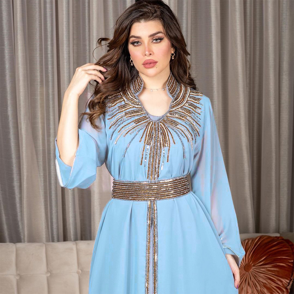 XQY500090 Foreign trade Arab robe, Middle East kaftan fashion Hot diamond belted chiffon dress pic 12