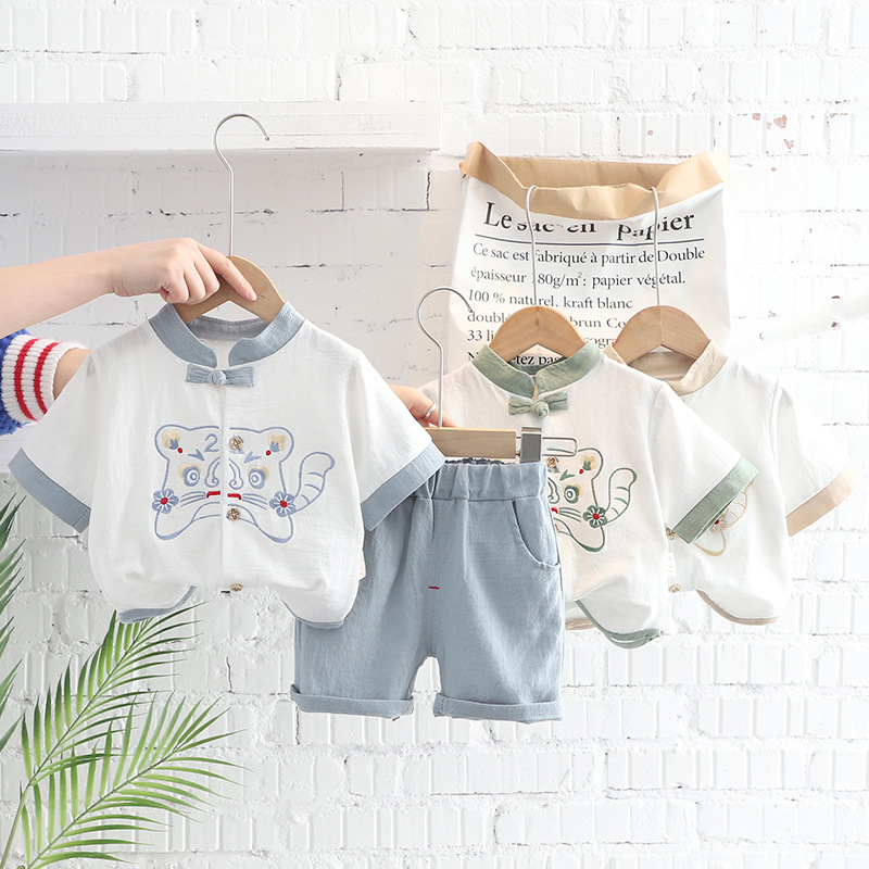 Niño chino estilo han bebé algodón lino manga corta ropa de estilo nacional para niños moda nacional para niños año del tigre conjunto de dos piezas pic 1