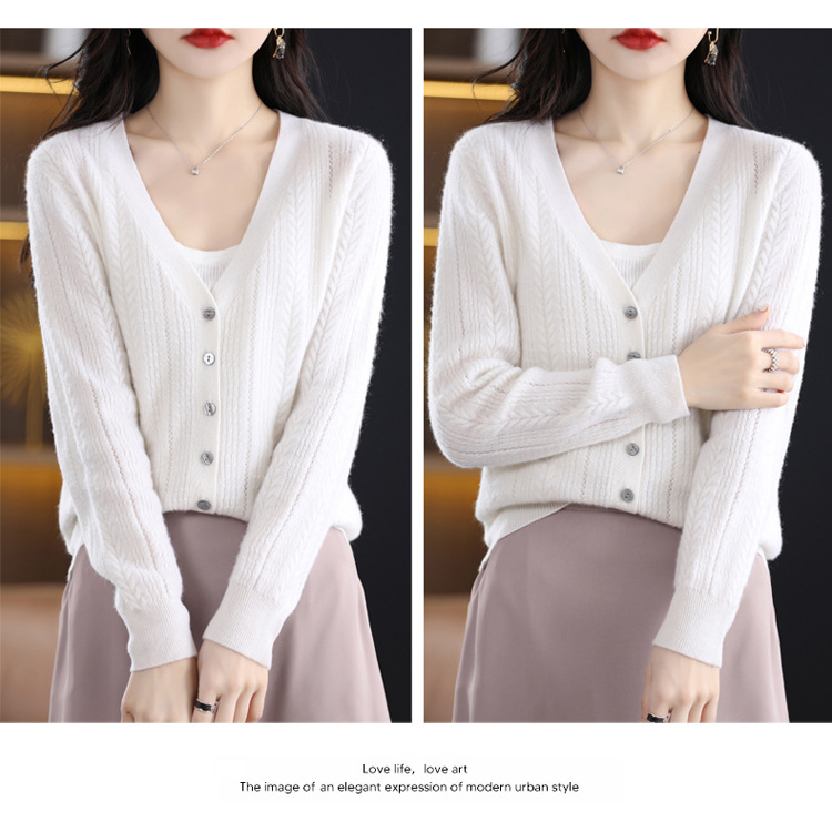 绒狼2023秋冬新款女士V领羊毛针织麻花开衫宽松长袖短款外套女详情28