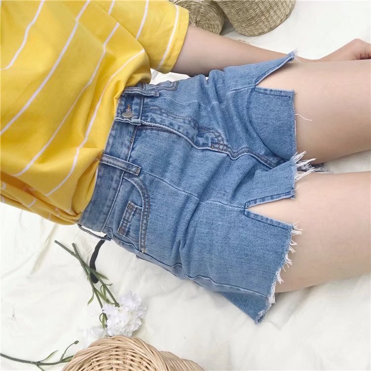 New Korean-style loose student high-waisted chic pants, hot pants with frayed edges and slit denim shorts for women pic 9