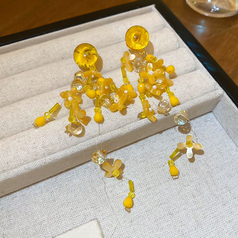 Silver needle yellow flower tassel stud earrings, super fairy-like spring and summer sweet earrings, fashionable, light luxury and high-end earrings for women pic 37