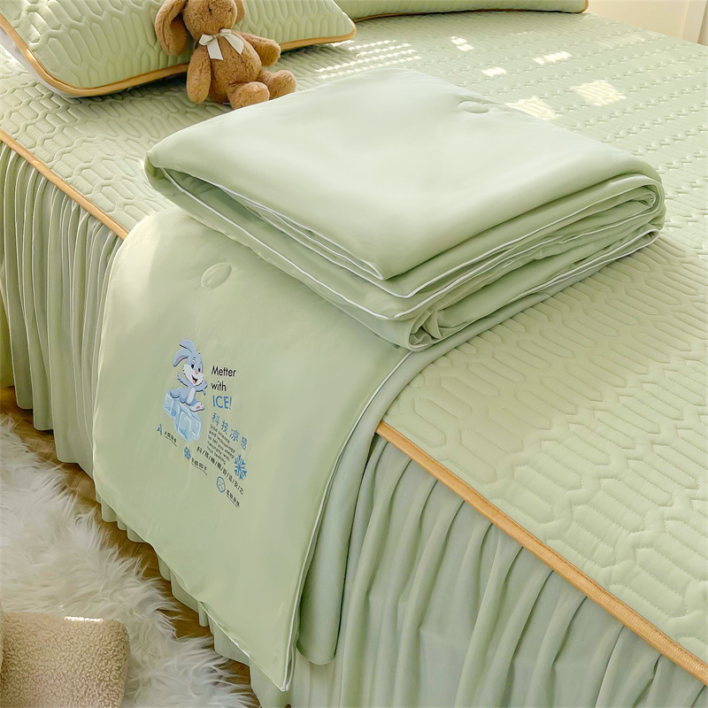 Thai solid-color cool silk latex bed skirt style cool mat four-piece set, air-conditioned quilt, soft cool mat, cool mat, summer cool quilt pic 1