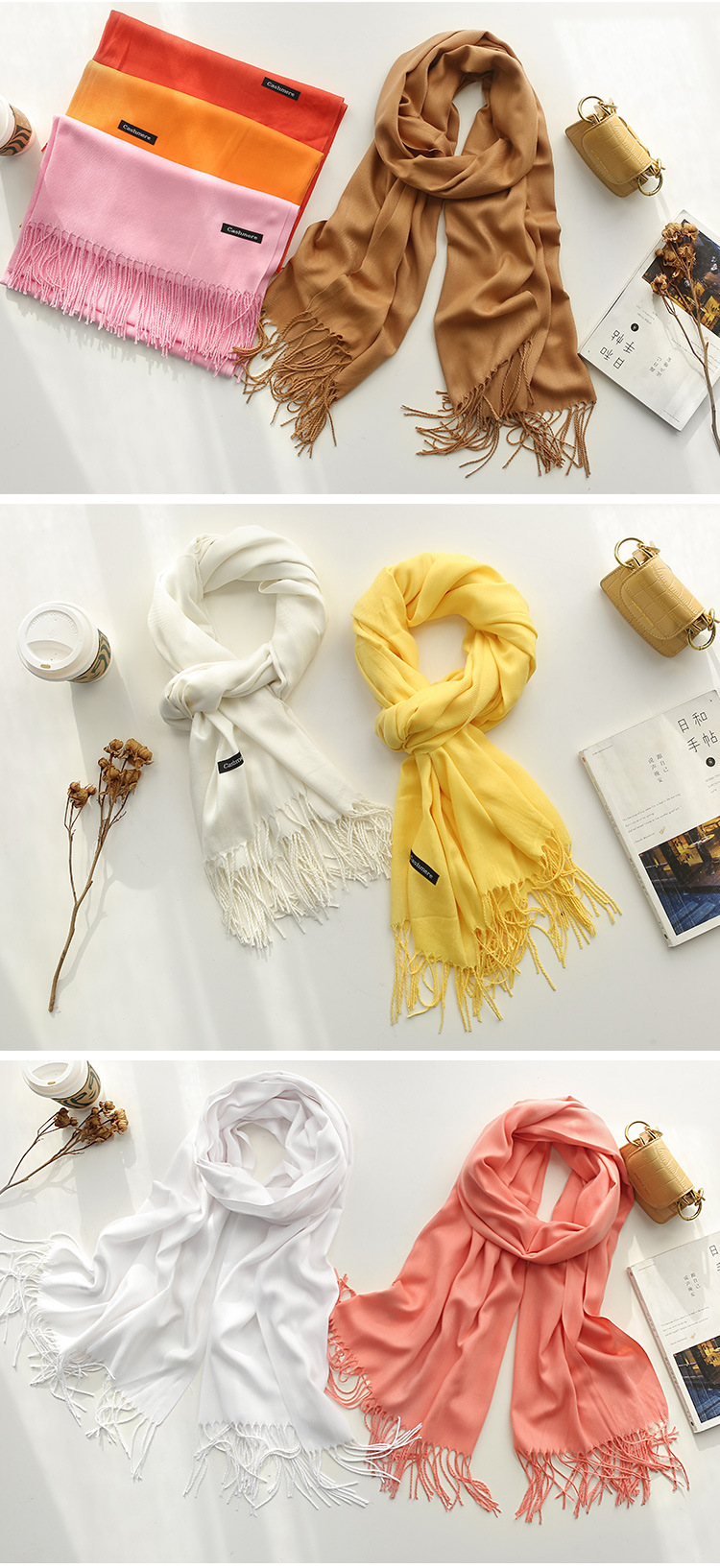 Solid-color faux cashmere scarf, a bestseller for women in autumn and winter. 220g classic glossy single-color tassel, versatile and warm shawl gift pic 7